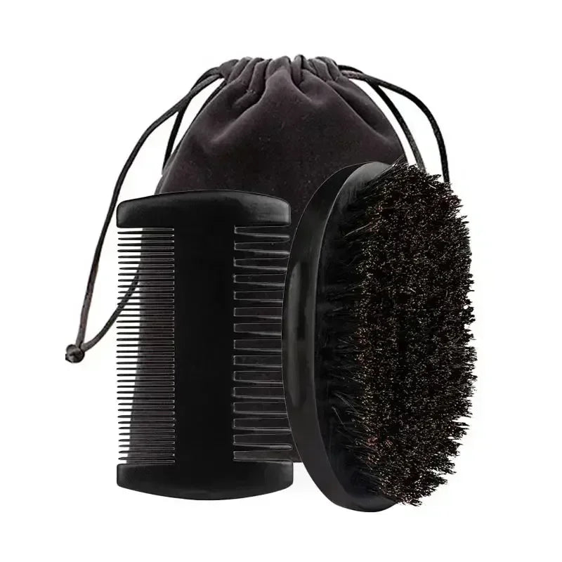 Profissional macio cerdas de javali madeira escova barba cabeleireiro escova de barbear pente masculino bigode pente kit com saco de presente conjunto pente de cabelo