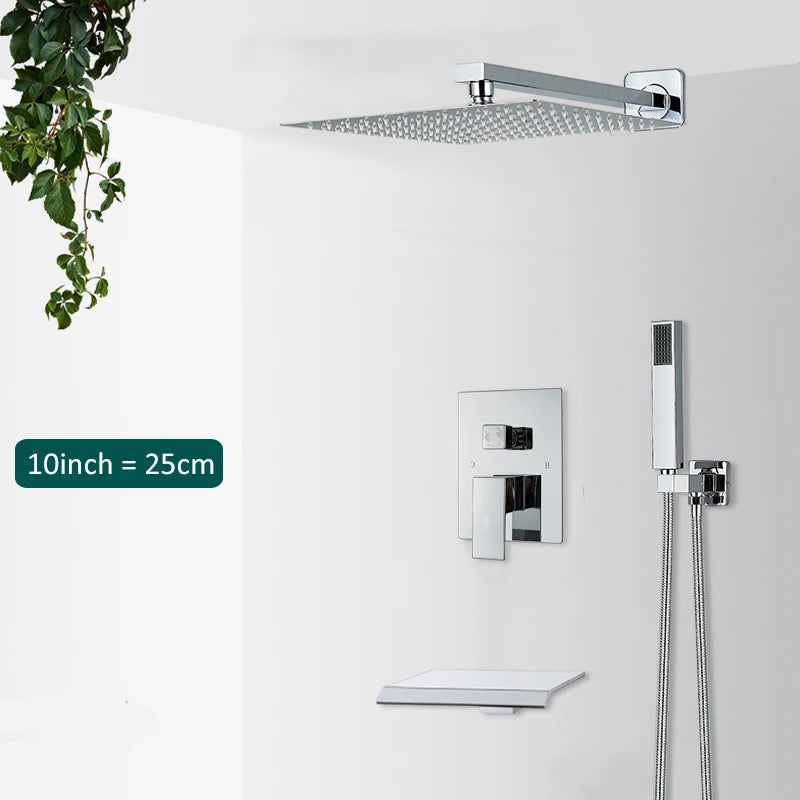 Quyanre Wall Mount Waterfall Shower Faucet Set, Bathroom, Rain, Hidden Chrome, Shower System, Bathtub, Mixer Tap