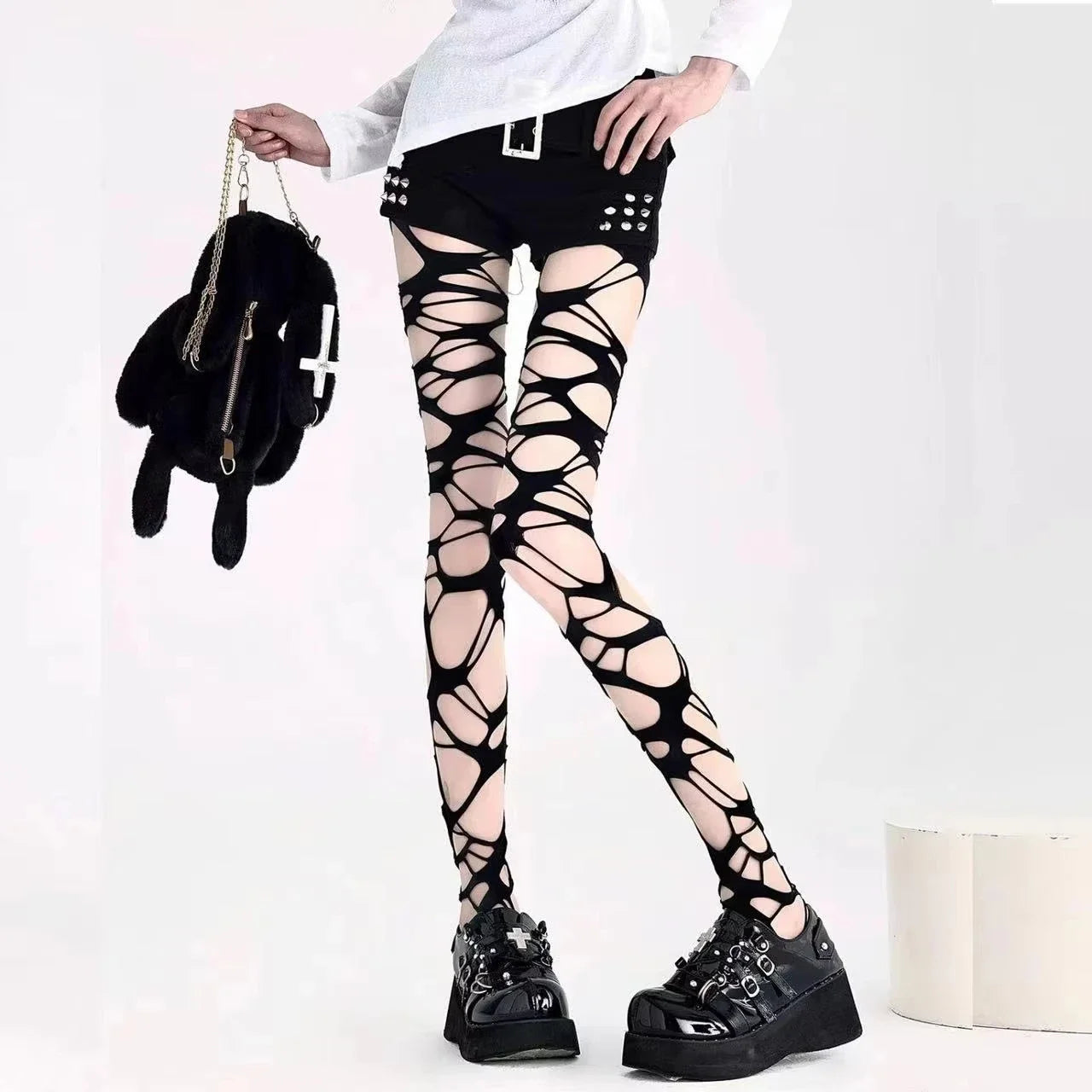 Sexy preto rasgado fishnet collants feminino gótico punk oco para fora malha apertada meias leggings estilo emo egirl streetwear