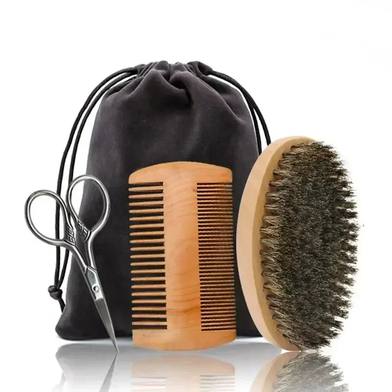Profissional macio cerdas de javali madeira escova barba cabeleireiro escova de barbear pente masculino bigode pente kit com saco de presente conjunto pente de cabelo