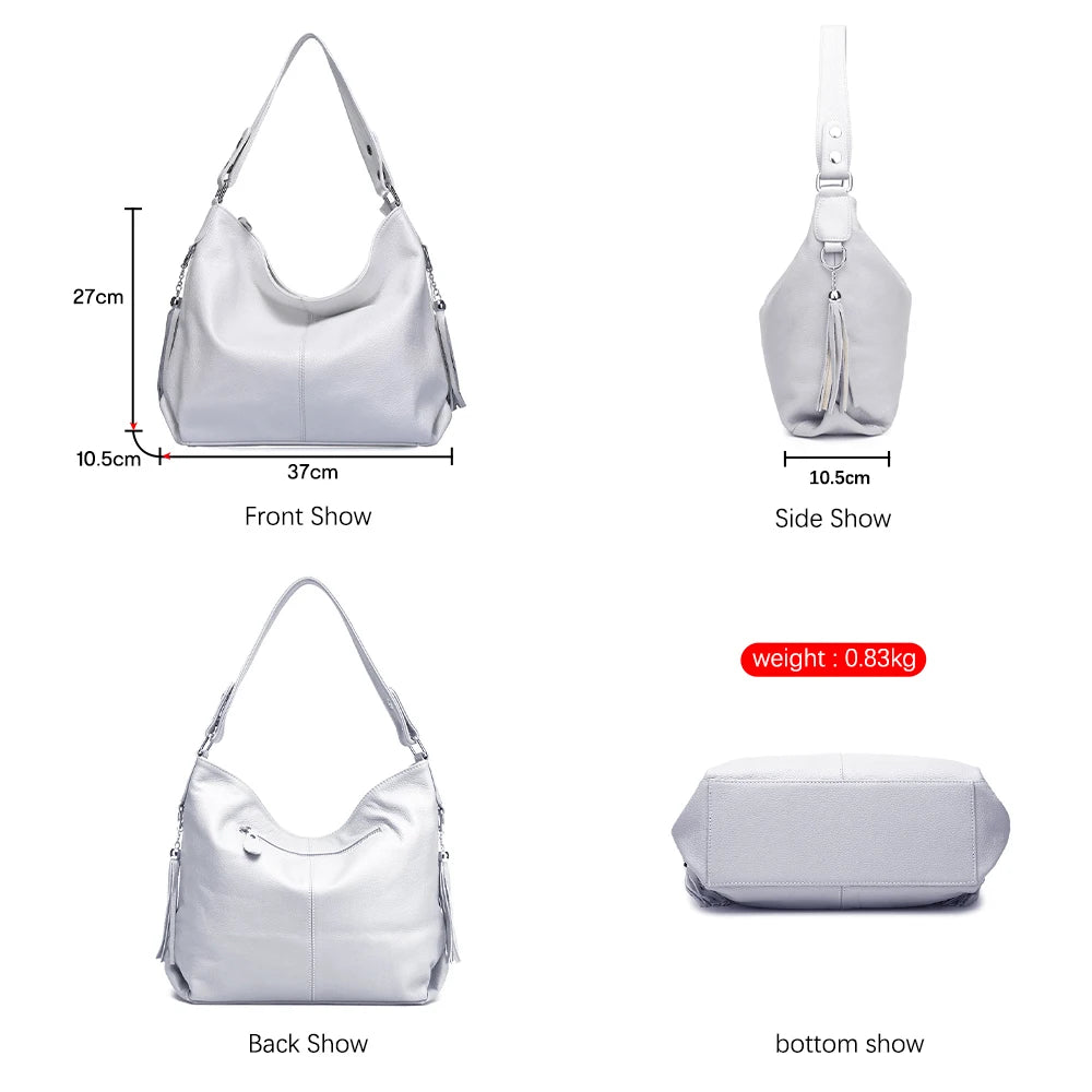 Zency 2026 Nova Moda Bolsa Feminina de Couro Genuíno Macio com Borla Elegante Bolsa Hobo de Ombro para Mulheres Bolsa Transversal Carteira Tiracolo