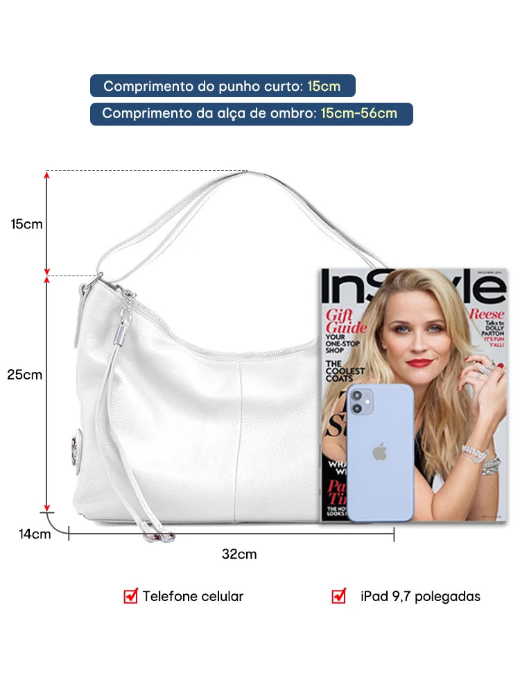 Bolsa de Ombro Grande Zency 100% Couro Genuíno para Mulheres, Bolsa Tote, Bolsa de Mão, Bolsa Hobo de Couro Preto, Bolsas com Zíper para Usar Debaixo do Braço