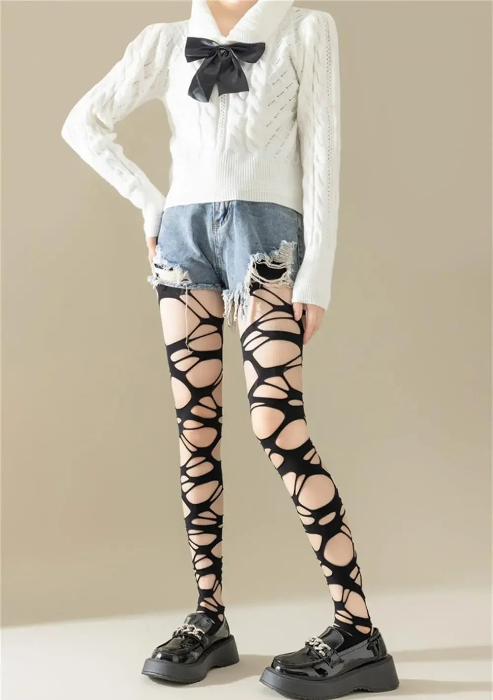 Sexy preto rasgado fishnet collants feminino gótico punk oco para fora malha apertada meias leggings estilo emo egirl streetwear
