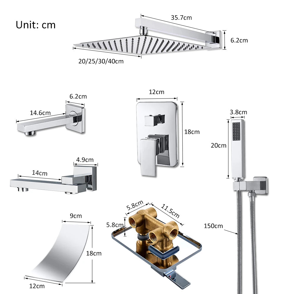 Quyanre Wall Mount Waterfall Shower Faucet Set, Bathroom, Rain, Hidden Chrome, Shower System, Bathtub, Mixer Tap