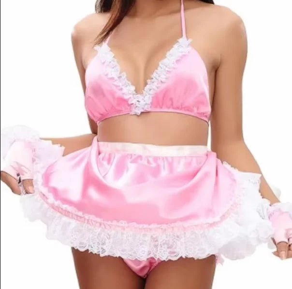 Multicolorido moda adulto sexy menina rosa cetim cinta superior sissy vestido forro role play menina maquiagem bola empregada personalização