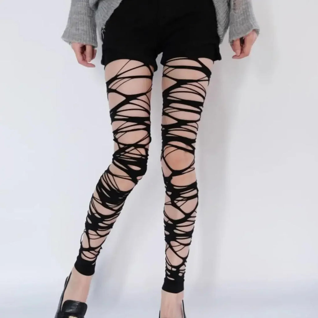 Sexy preto rasgado fishnet collants feminino gótico punk oco para fora malha apertada meias leggings estilo emo egirl streetwear