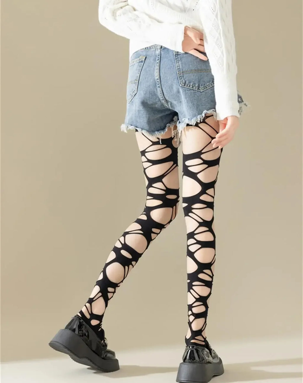 Sexy preto rasgado fishnet collants feminino gótico punk oco para fora malha apertada meias leggings estilo emo egirl streetwear