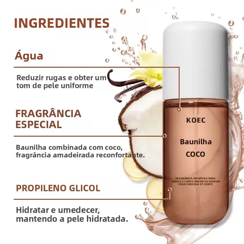 Envio Local do Brasil: Perfume KOEC Névoa de Fragrância Baunilha Coco Refrescante e Hidratante com Notas Triplas de Plantas Tropicais