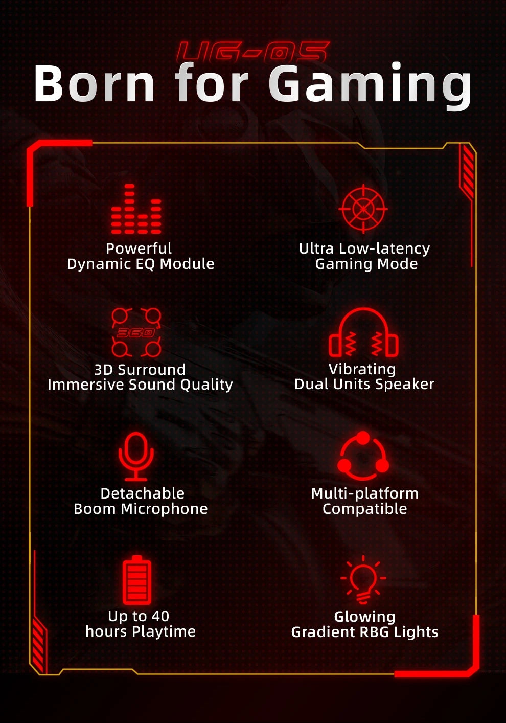 Kofire UG-05 fones de ouvido para jogos 2.4g bt5.0 fone de ouvido sem fio com microfone rbg luz vibração bluetooth fone de ouvido para ps4 ps5 pc switch