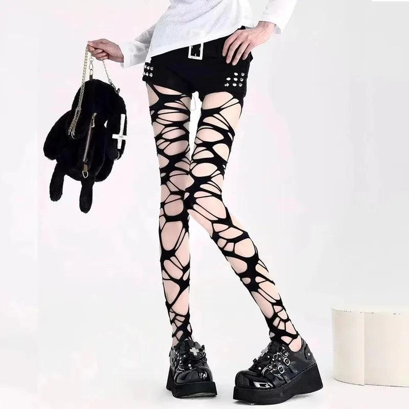 Sexy preto rasgado fishnet collants feminino gótico punk oco para fora malha apertada meias leggings estilo emo egirl streetwear