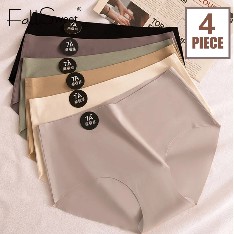 Falllsweet 4 Peças de Calcinhas de Seda Sem Costura para Mulheres, Lingerie Sexy de Cintura Média, Calcinhas de Seda Gelada M-2XL