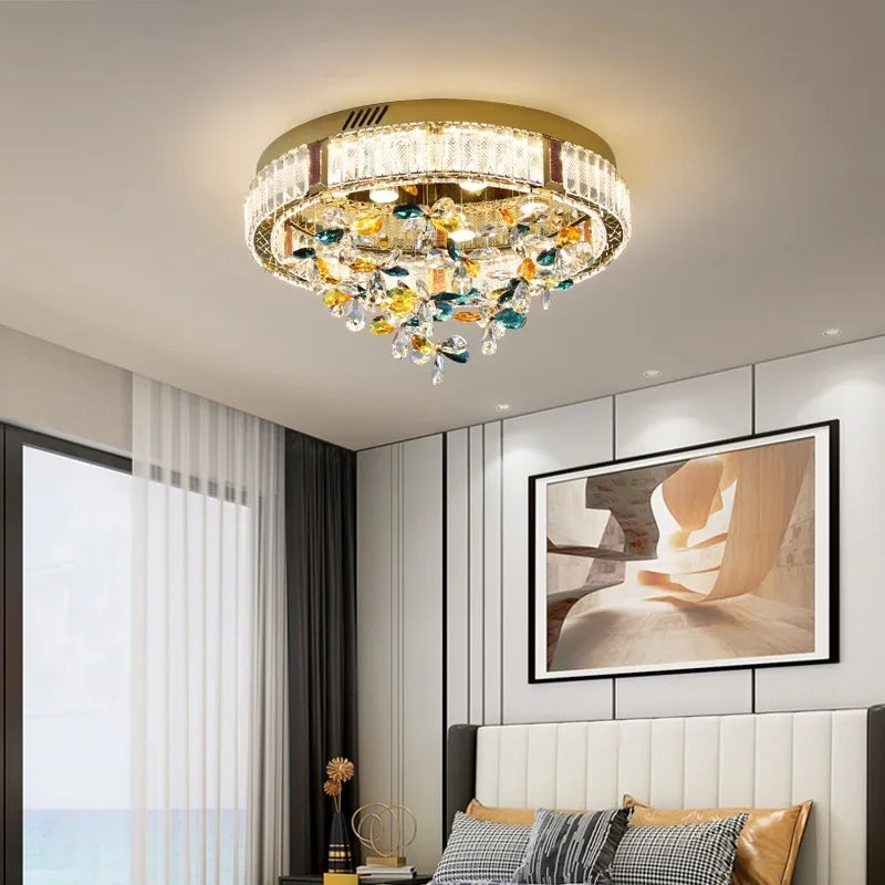 Colorful Luxury Crystal Flower LED Ceiling Lamps for Bedroom, Modern Home Decor, Dining Room Round Lights, Chandeliers Fixtures