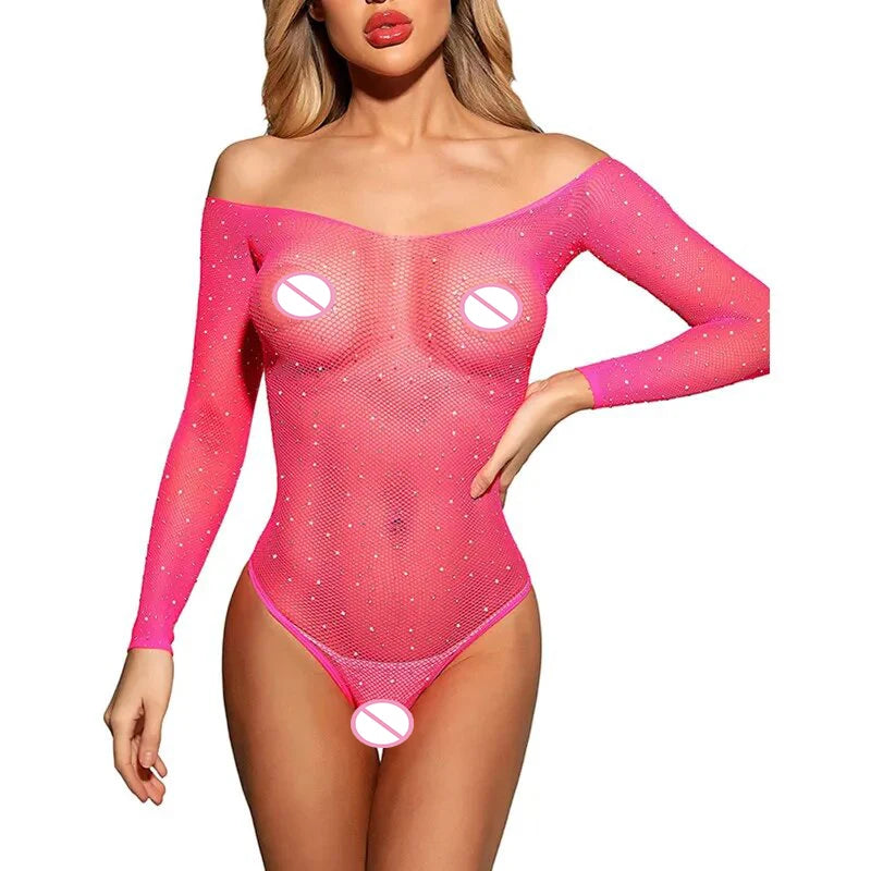 Nova Lingerie Transparente Feminina, Bodysuit de Rede com Brilho e Strass, Lingerie Sexy em Malha Justa
