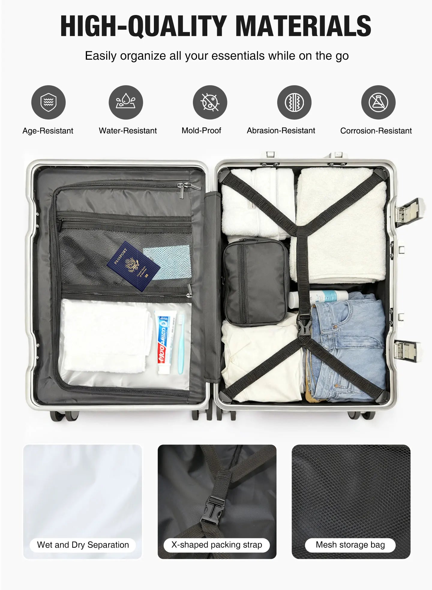 Mala de Alumínio Leve AIWEINY, Com Estrutura de PC, 360 °   Rodas Silenciosas, Cadeado TSA, Bagagem de Mão e de Transporte de 20/24/27 Polegadas