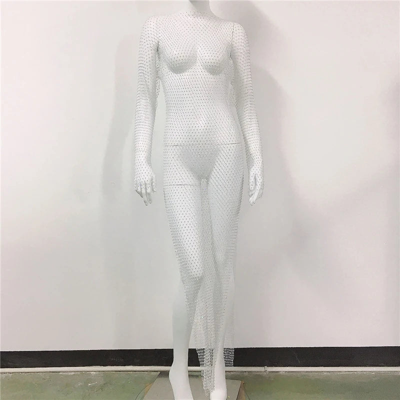 Sexy Women's 2023 Summer Shiny Diamond Crystal Temperament Hip Bag Sling Long Beach Dress Fashion Trend Mesh Fishnet Party