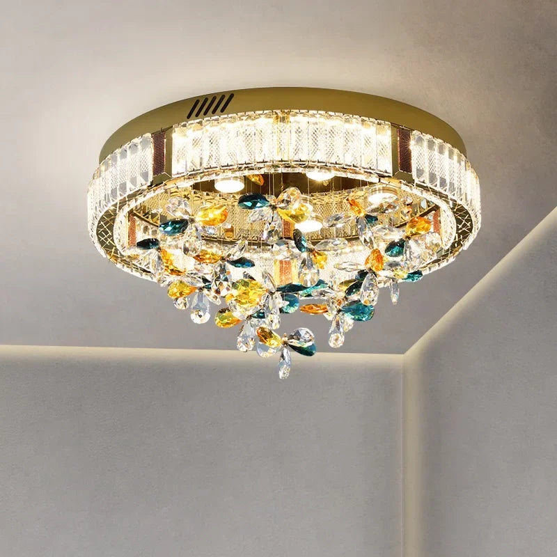 Colorful Luxury Crystal Flower LED Ceiling Lamps for Bedroom, Modern Home Decor, Dining Room Round Lights, Chandeliers Fixtures