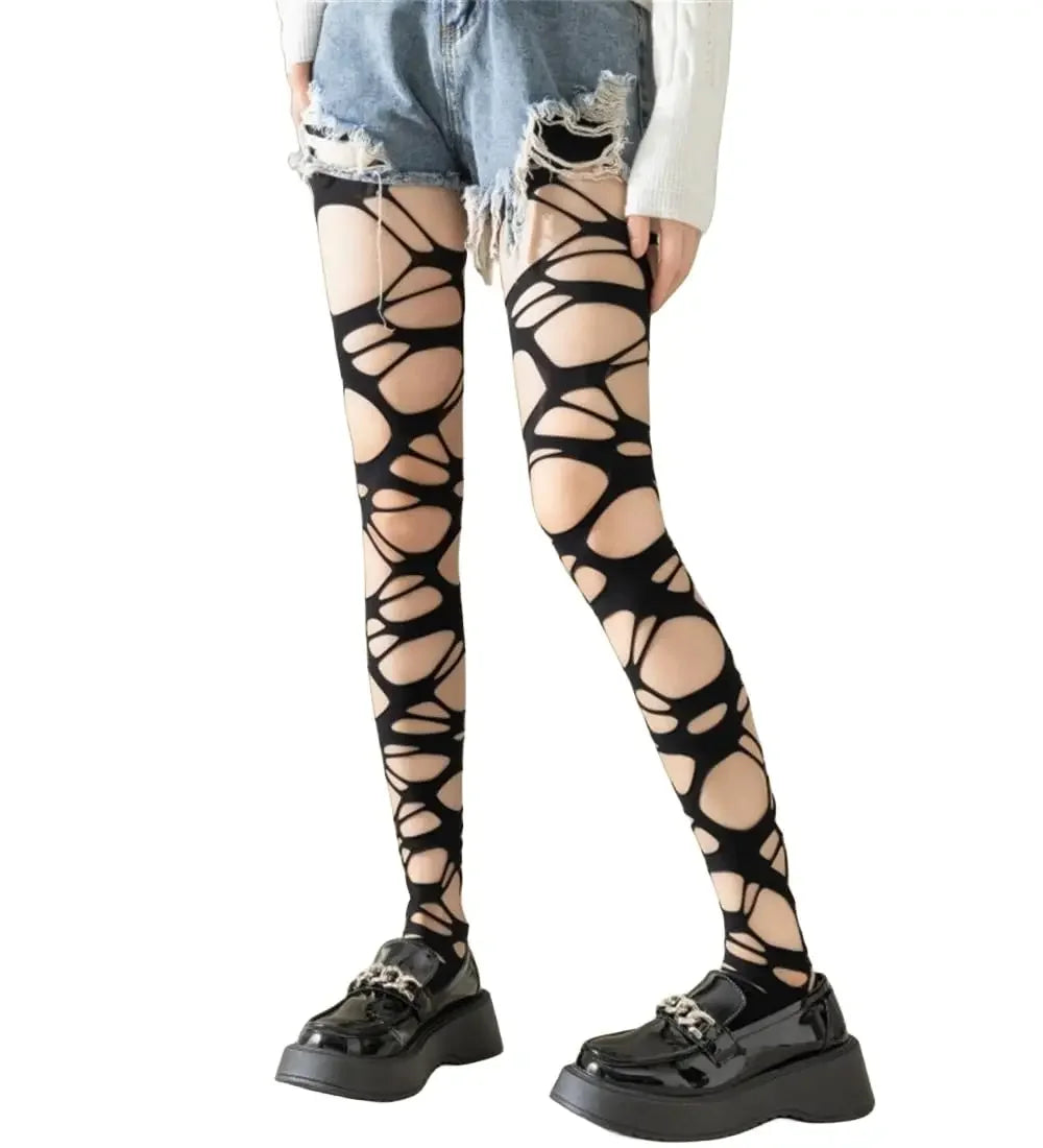Sexy preto rasgado fishnet collants feminino gótico punk oco para fora malha apertada meias leggings estilo emo egirl streetwear
