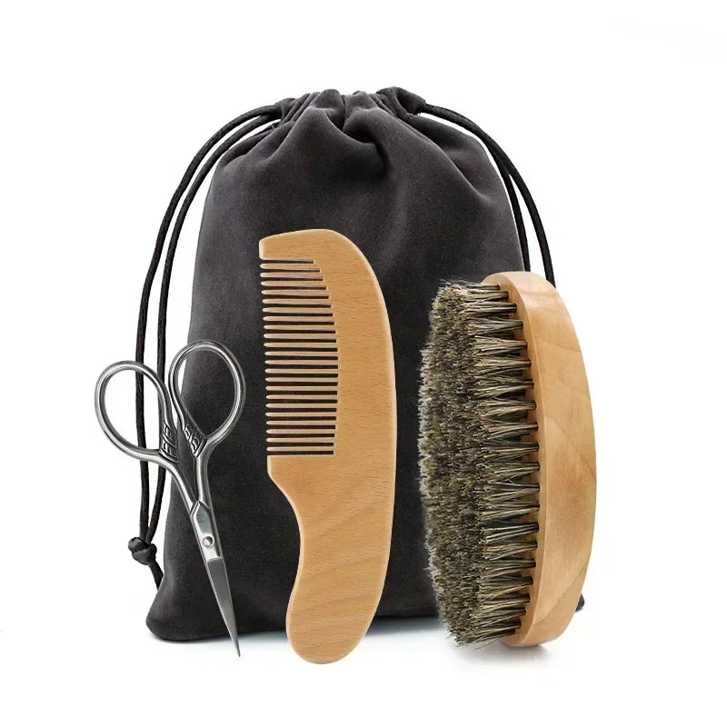 Profissional macio cerdas de javali madeira escova barba cabeleireiro escova de barbear pente masculino bigode pente kit com saco de presente conjunto pente de cabelo