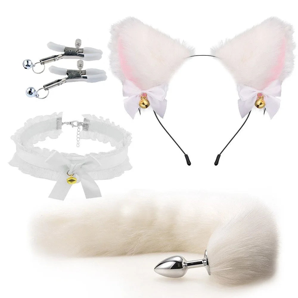 Bonito raposa cauda anal plug arco-nó macio orelhas de gato headbands colar erótico cosplay casais acessórios sm brinquedos sexuais para o sexo feminino masculino