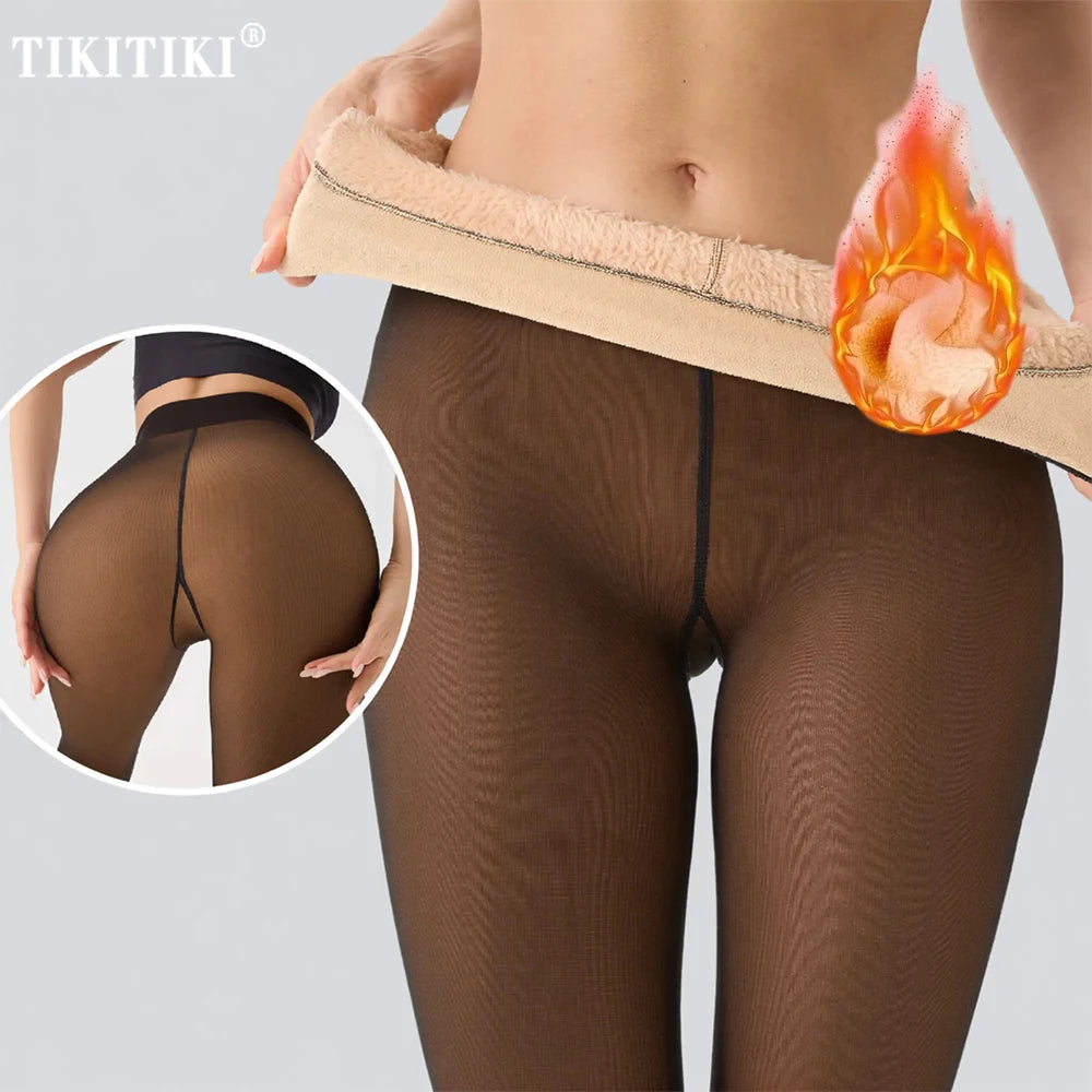 Velo térmico forrado collants feminino uma costura quente pura meia-calça falso translúcido térmico grosso collants leggings para tempo frio