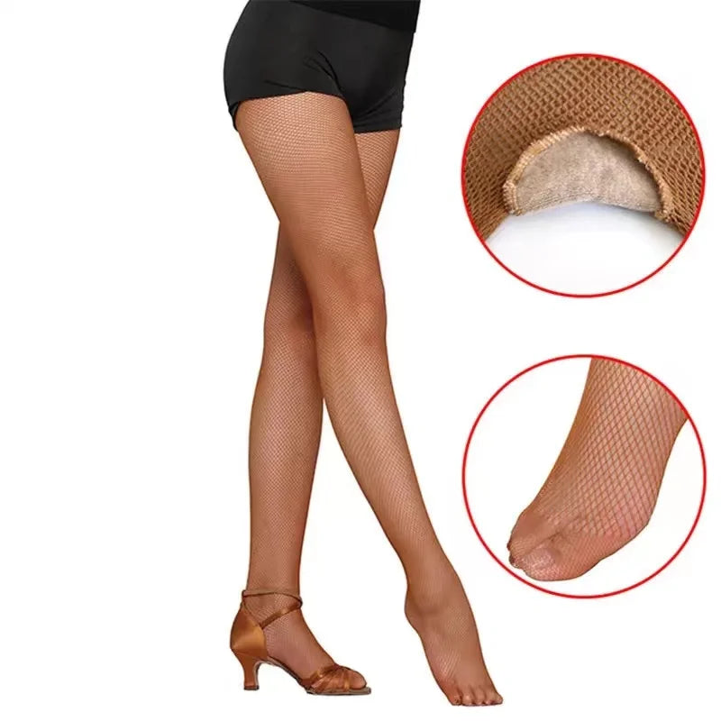Calças sexy de dança latina para mulheres, alta elasticidade, meias arrastão de malha, meia-calça para reforço dos pés, meias dançarinas