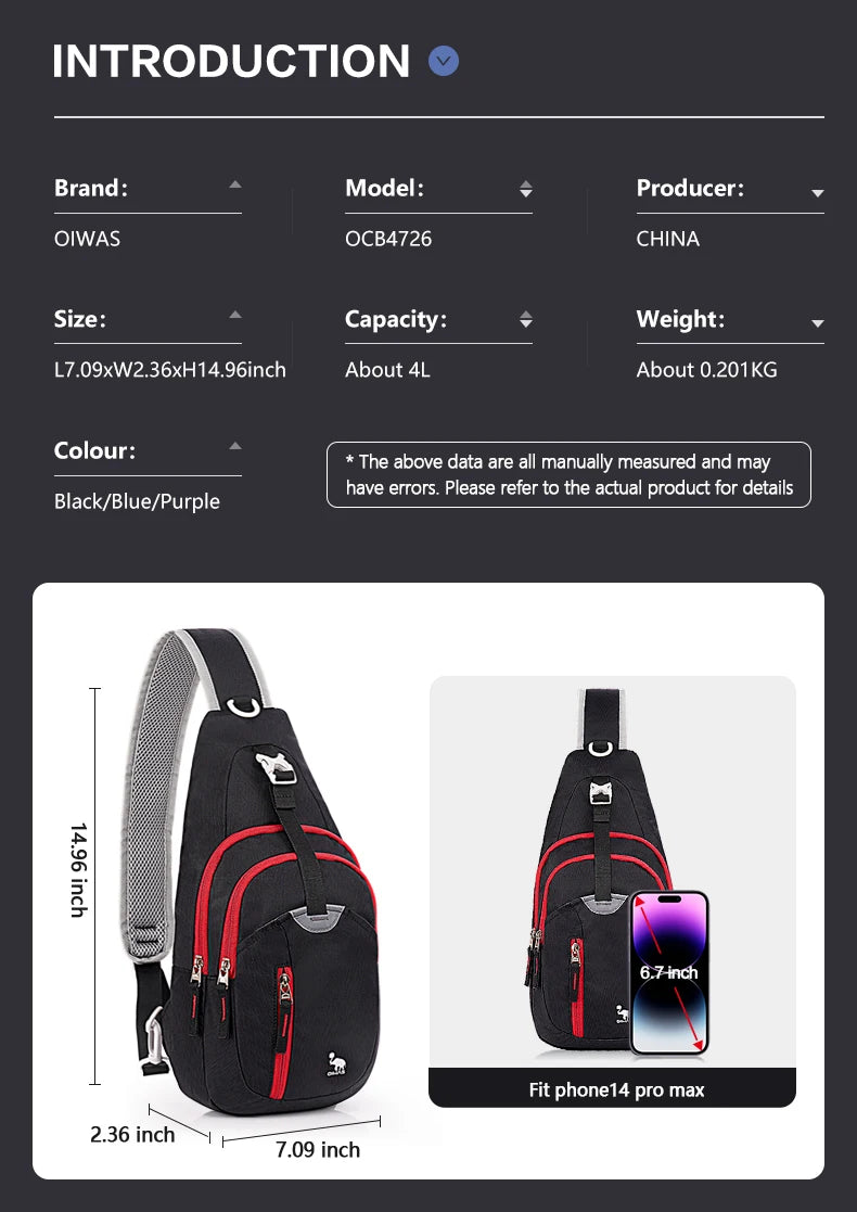 OIWAS Bolsa casual masculina de ombro, bolsa casual masculina com uma alça, leve, bolsa masculina para viagem, esporte