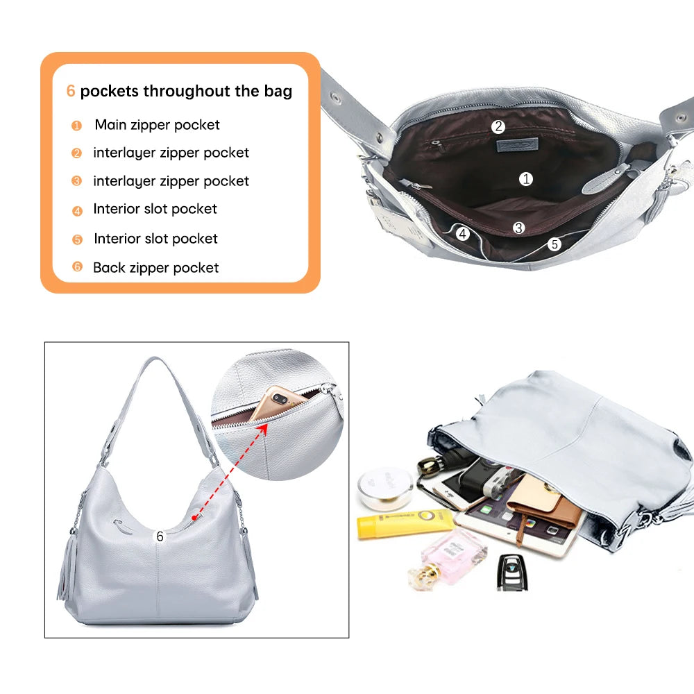 Zency 2026 Nova Moda Bolsa Feminina de Couro Genuíno Macio com Borla Elegante Bolsa Hobo de Ombro para Mulheres Bolsa Transversal Carteira Tiracolo