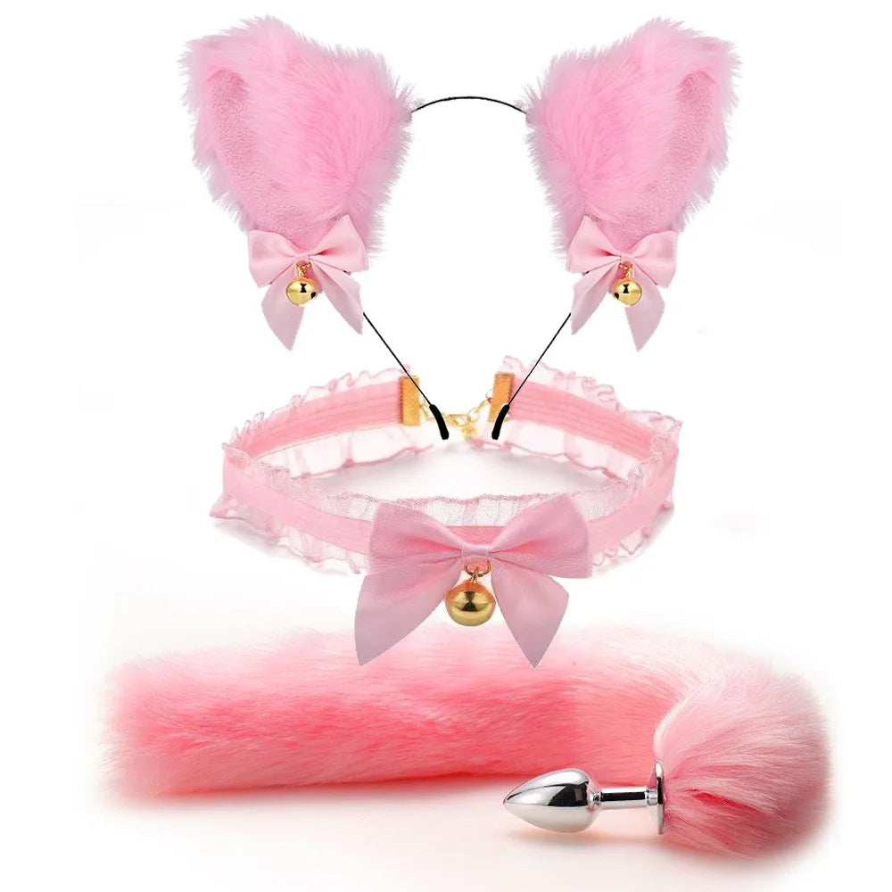 Bonito raposa cauda anal plug arco-nó macio orelhas de gato headbands colar erótico cosplay casais acessórios sm brinquedos sexuais para o sexo feminino masculino