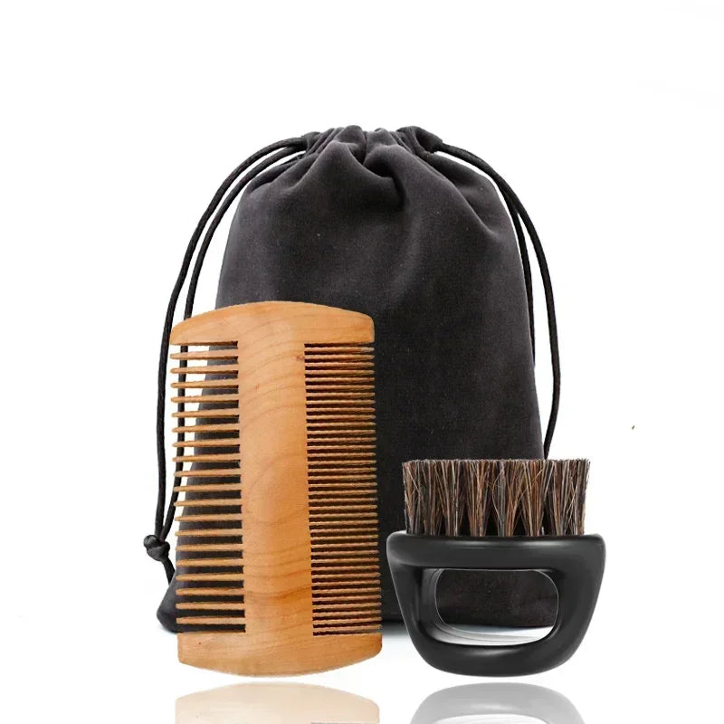Profissional macio cerdas de javali madeira escova barba cabeleireiro escova de barbear pente masculino bigode pente kit com saco de presente conjunto pente de cabelo