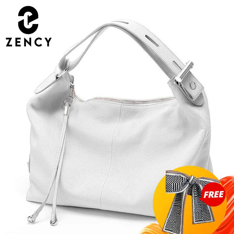 Bolsa de Ombro Grande Zency 100% Couro Genuíno para Mulheres, Bolsa Tote, Bolsa de Mão, Bolsa Hobo de Couro Preto, Bolsas com Zíper para Usar Debaixo do Braço