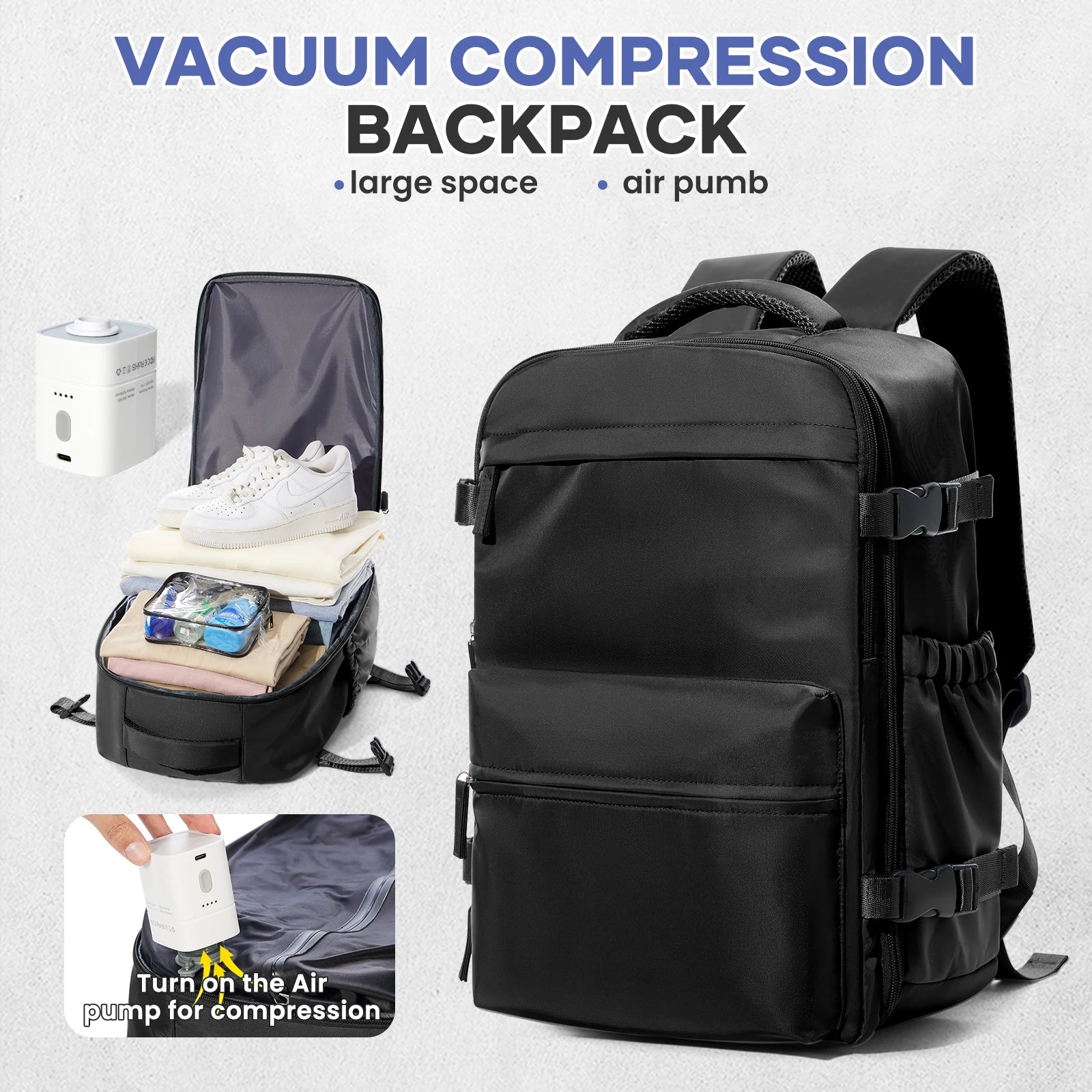 Mochila de viagem a vácuo para homens, mochila de grande capacidade para laptop de negócios, mochila expansível para homens e mulheres, bolsa escolar