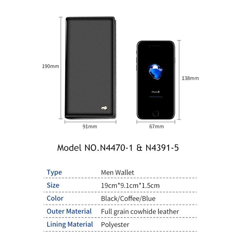 BISON DENIM-Carteira longa de couro genuíno masculina, suporte de cartão fino macio, marca de luxo, bolsa masculina, negócio