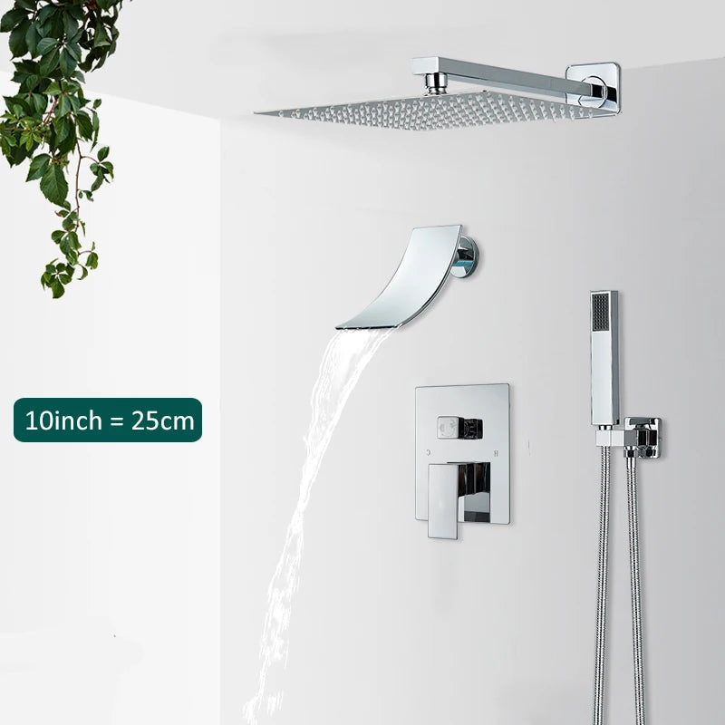 Quyanre Wall Mount Waterfall Shower Faucet Set, Bathroom, Rain, Hidden Chrome, Shower System, Bathtub, Mixer Tap