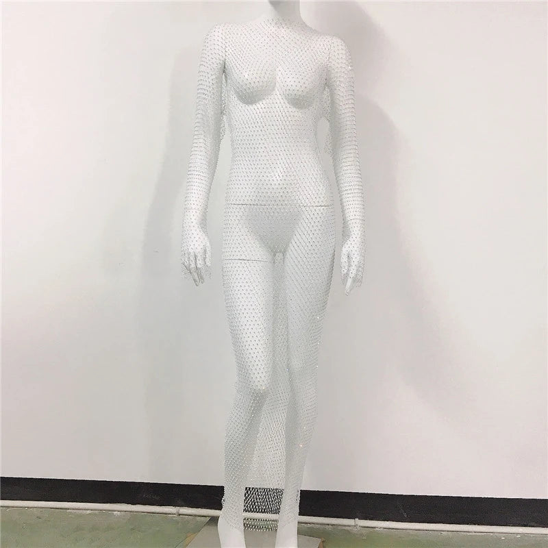 Sexy Women's 2023 Summer Shiny Diamond Crystal Temperament Hip Bag Sling Long Beach Dress Fashion Trend Mesh Fishnet Party