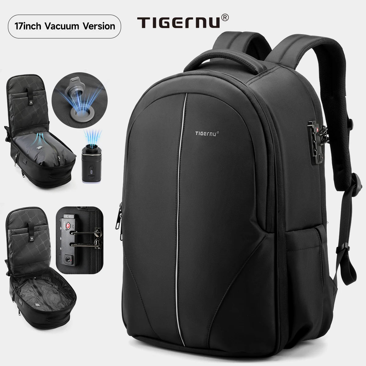 Tigernu mochilas a vácuo compressão mochilas de viagem 15.6-17 mochila portátil dos homens tsa anti roubo mochilas expansível mochila