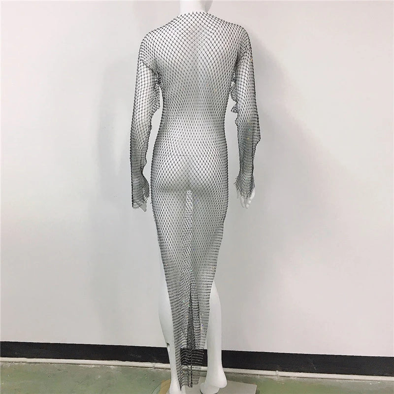 Sexy Women's 2023 Summer Shiny Diamond Crystal Temperament Hip Bag Sling Long Beach Dress Fashion Trend Mesh Fishnet Party