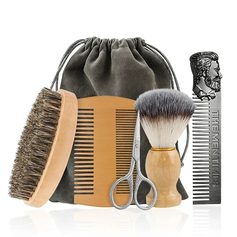 Profissional macio cerdas de javali madeira escova barba cabeleireiro escova de barbear pente masculino bigode pente kit com saco de presente conjunto pente de cabelo