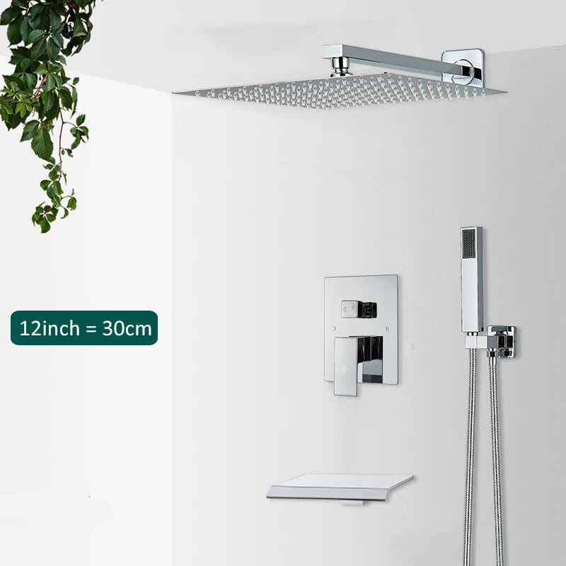 Quyanre Wall Mount Waterfall Shower Faucet Set, Bathroom, Rain, Hidden Chrome, Shower System, Bathtub, Mixer Tap