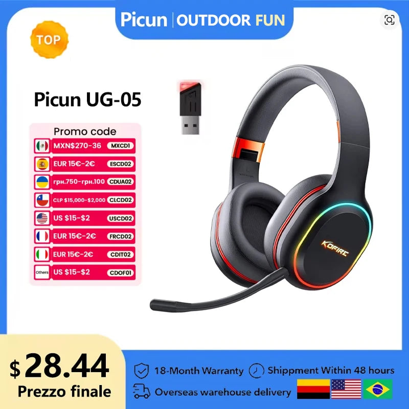 Kofire UG-05 fones de ouvido para jogos 2.4g bt5.0 fone de ouvido sem fio com microfone rbg luz vibração bluetooth fone de ouvido para ps4 ps5 pc switch