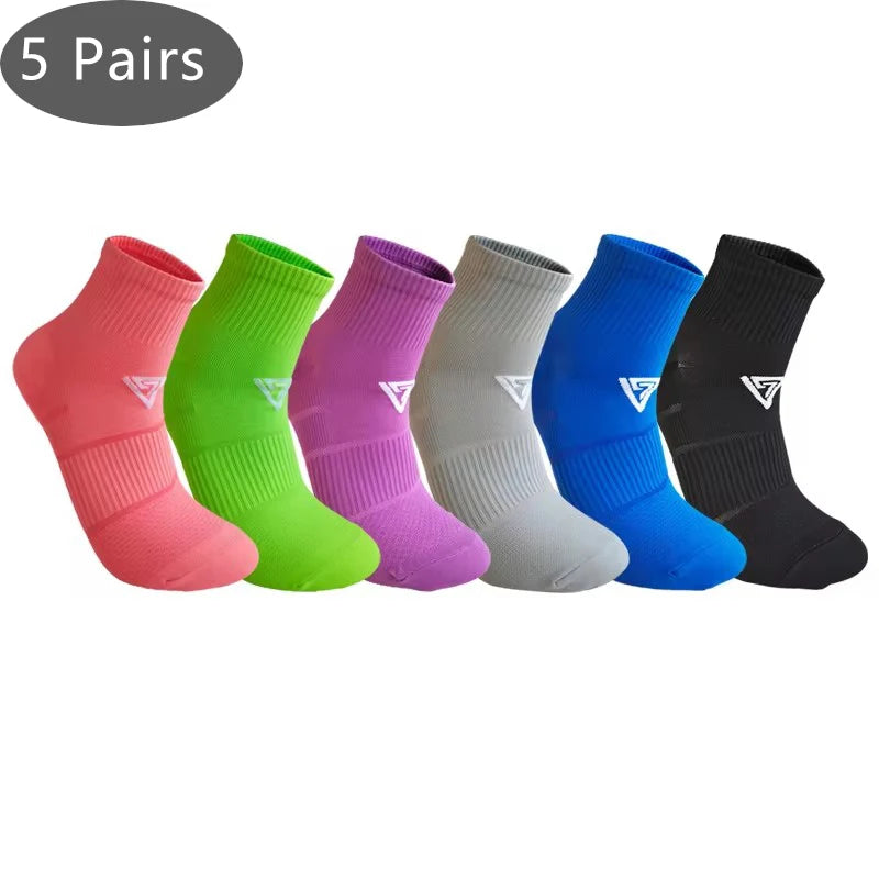 5 pares de meias curtas esportivas masculinas, meias de nylon de cores brilhantes, macias, de secagem rápida, antiderrapantes, para fitness, ciclismo ao ar livre, corrida, viagem