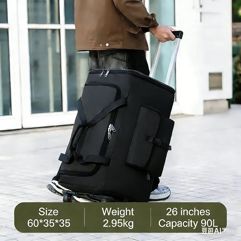 Mochila de Viagem Grande Capacidade 90/110L Dobrável com Rodas e Cinto, Bolsa de Transporte Multifuncional, Mala Resistente ao Desgaste