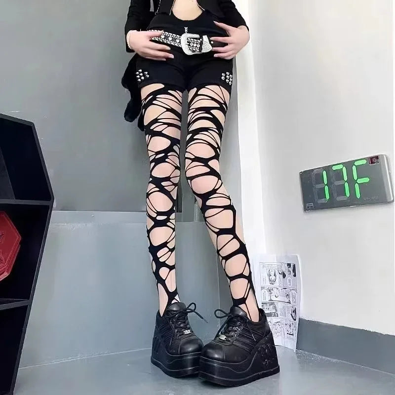 Sexy preto rasgado fishnet collants feminino gótico punk oco para fora malha apertada meias leggings estilo emo egirl streetwear