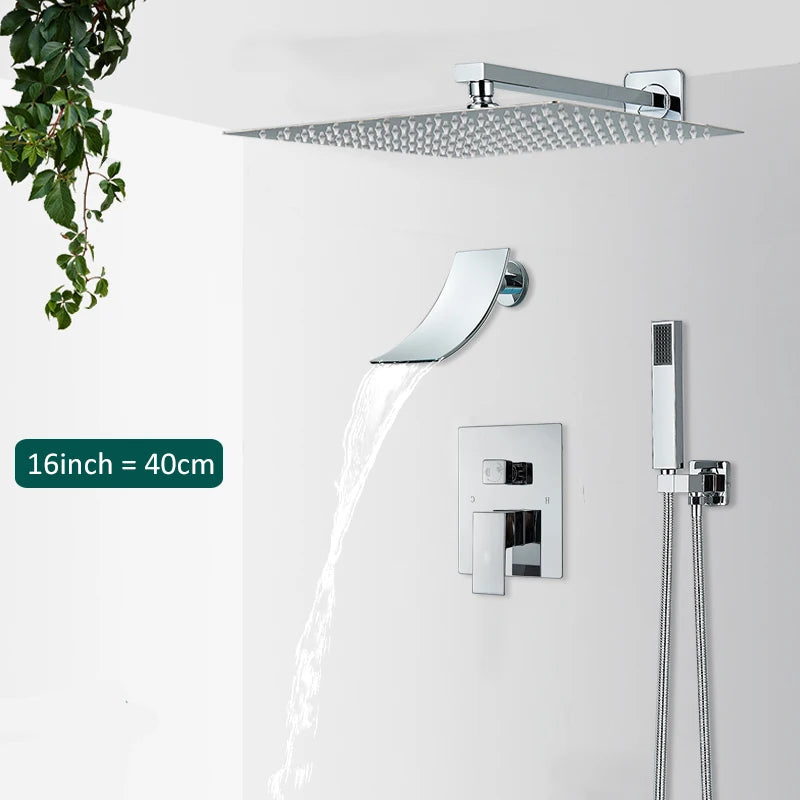 Quyanre Wall Mount Waterfall Shower Faucet Set, Bathroom, Rain, Hidden Chrome, Shower System, Bathtub, Mixer Tap