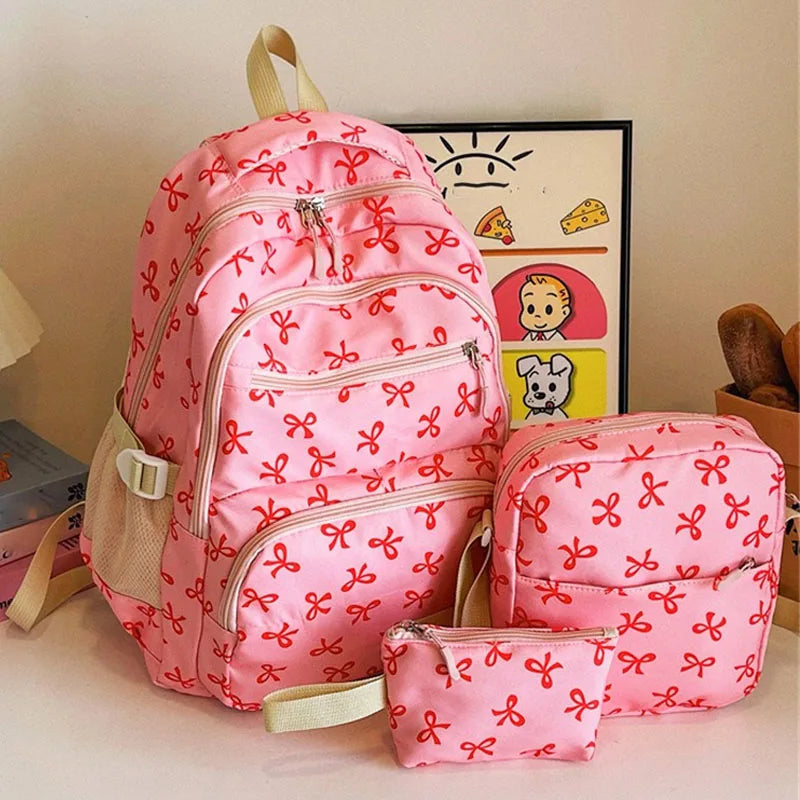 3 pçs conjunto bonito grande capacidade mochila coreano moda arco impressão saco sacos de náilon estudante mochila alça ajustável mochila viagem