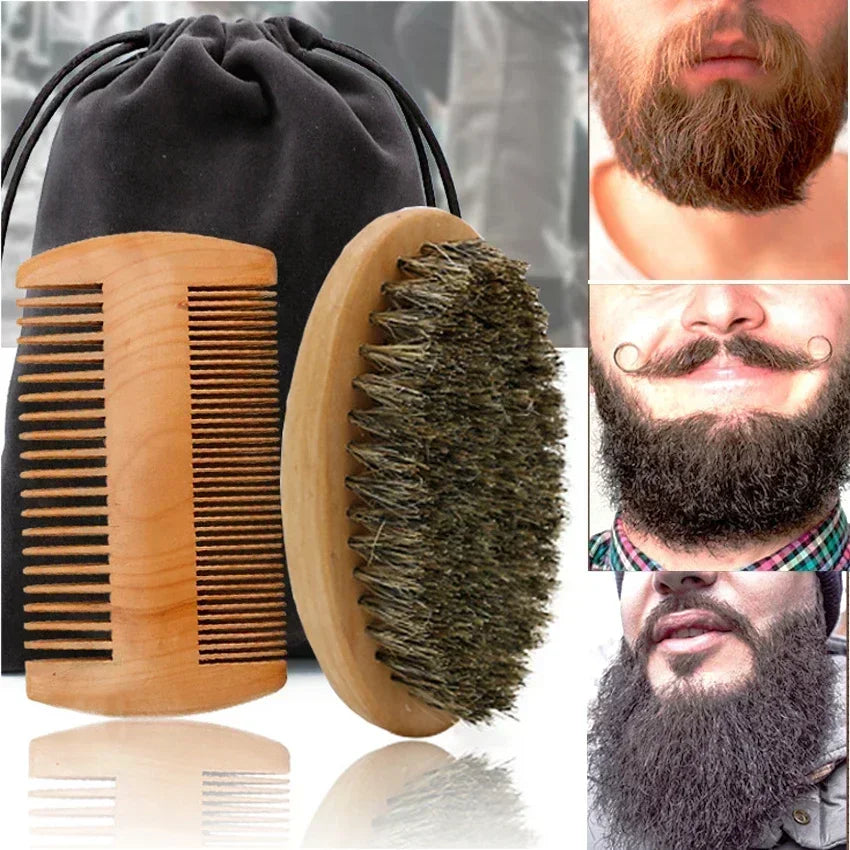 Profissional macio cerdas de javali madeira escova barba cabeleireiro escova de barbear pente masculino bigode pente kit com saco de presente conjunto pente de cabelo