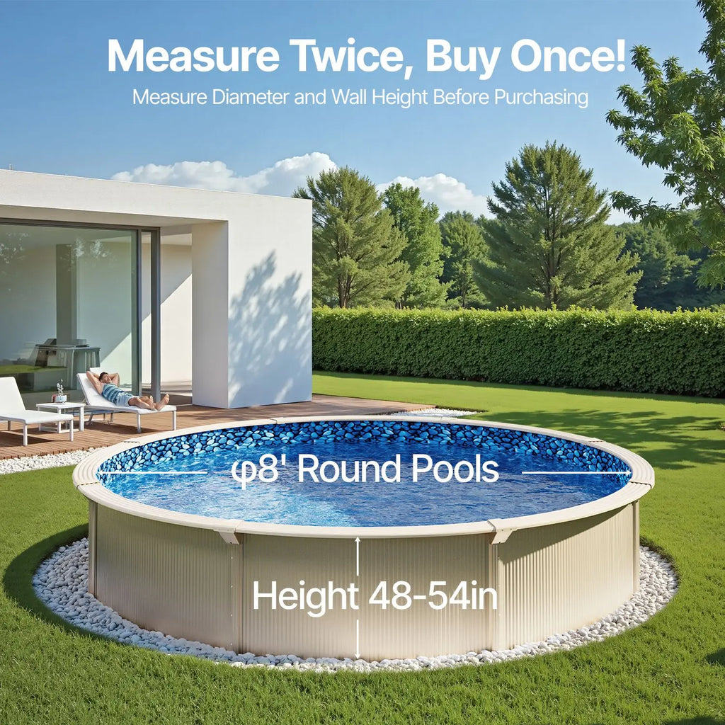 8ft Ground Pool Liner 25m Overlap Steel Side Liner 1.5mm Thick Standard Gauge Vinyl 48-54inch Wall Height Designed for PE Pools