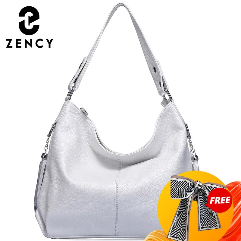 Zency 2026 Nova Moda Bolsa Feminina de Couro Genuíno Macio com Borla Elegante Bolsa Hobo de Ombro para Mulheres Bolsa Transversal Carteira Tiracolo
