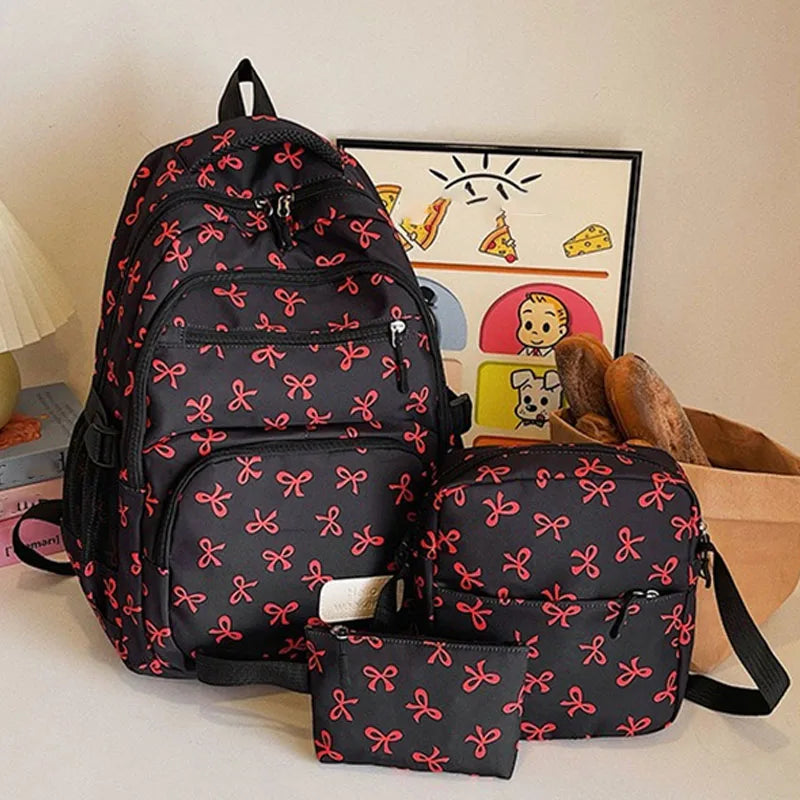 3 pçs conjunto bonito grande capacidade mochila coreano moda arco impressão saco sacos de náilon estudante mochila alça ajustável mochila viagem