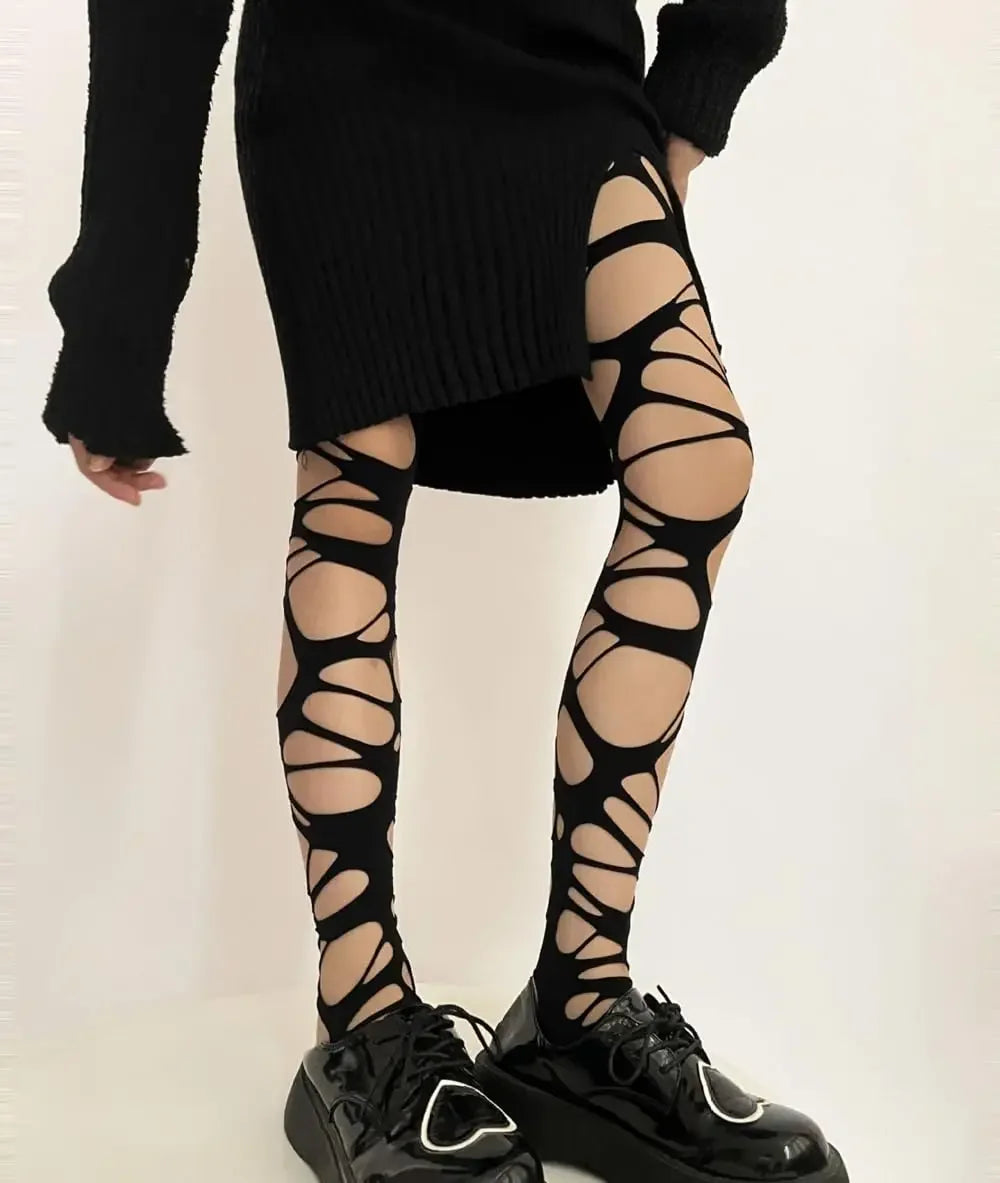 Sexy preto rasgado fishnet collants feminino gótico punk oco para fora malha apertada meias leggings estilo emo egirl streetwear