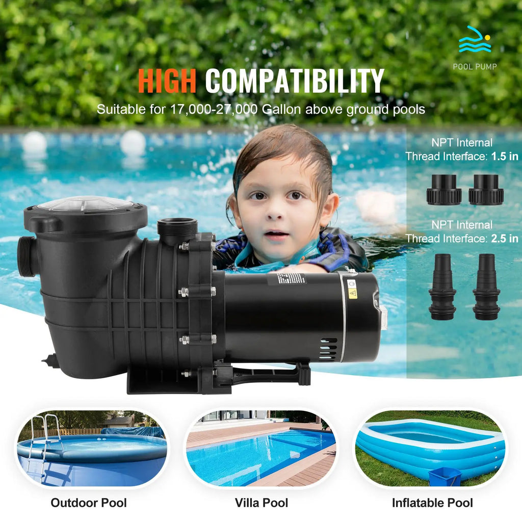 Single Speed 1HP 80 GPM Swimming Pool Pump with 230V/60Hz 34.4ft Max. Head 110V/240V Ground Pool Pump